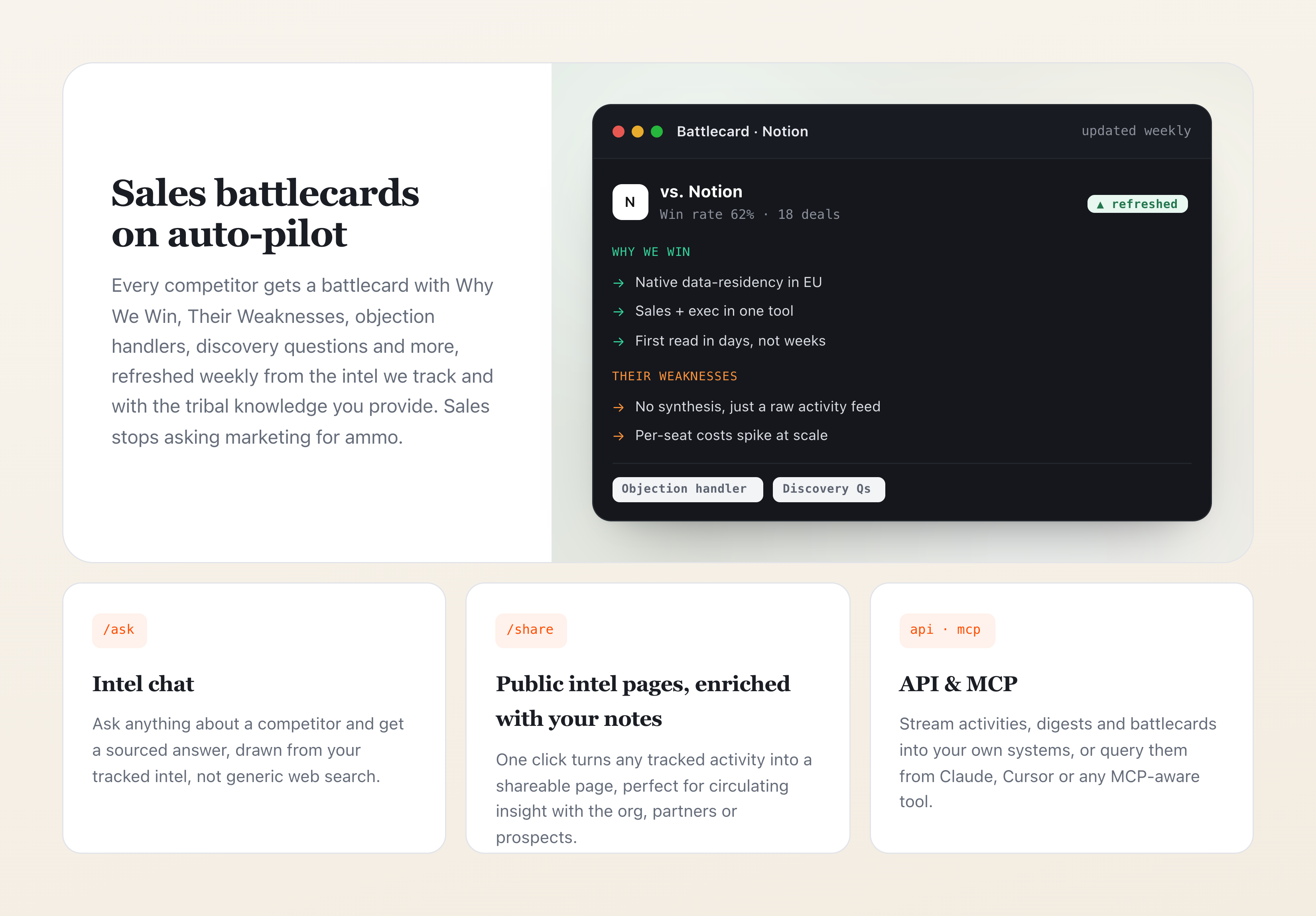 Auto-generated sales battlecards, intel chat, public intel pages, and API & MCP access
