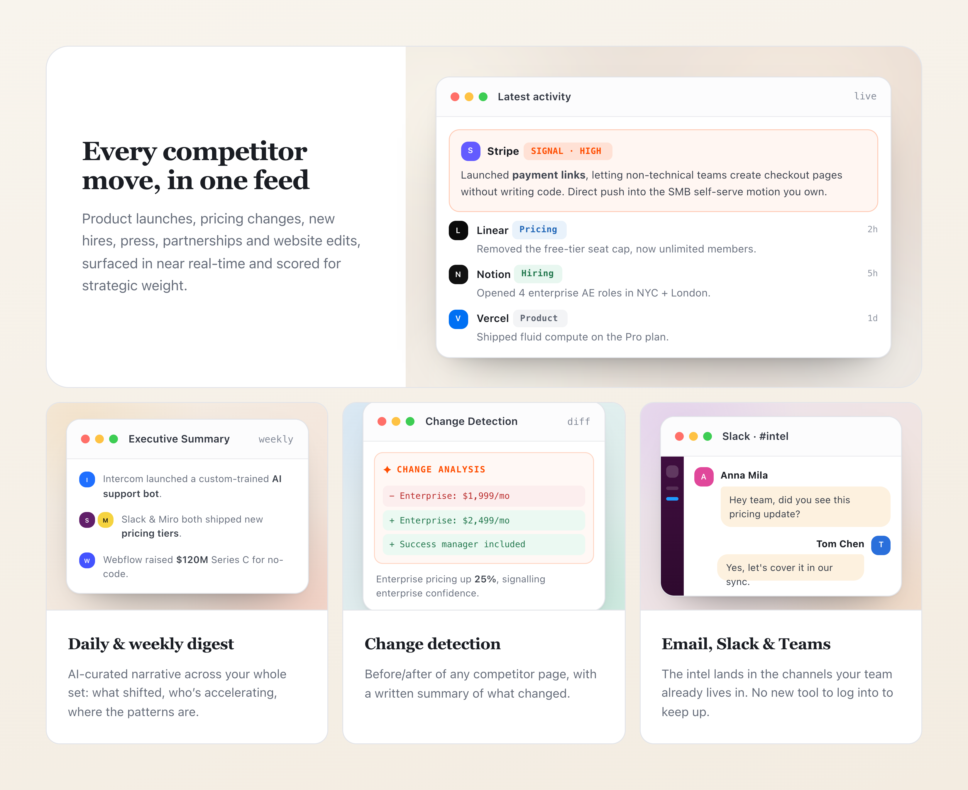 Every competitor move, surfaced in one feed with daily and weekly executive digests, change detection, and delivery to email, Slack and Teams